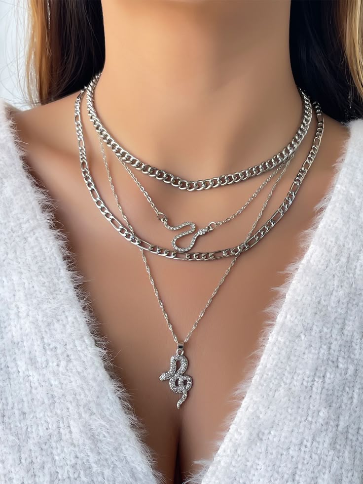 Boho Multi-Layer Silver Chain Snake Pendant Necklace