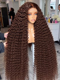 Luxury Chocolate Brown Deep Wave Curly Wig – Extra Long Voluminous Brazilian Human Hair, Glueless HD Lace Front Unit