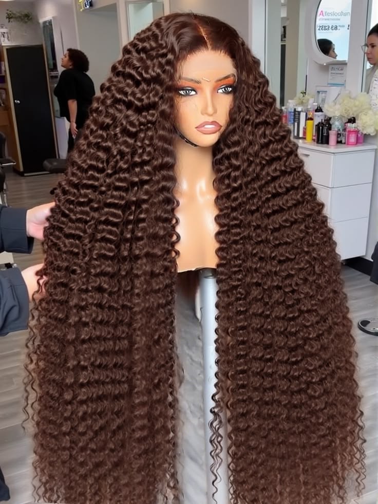 Luxury Chocolate Brown Deep Wave Curly Wig – Extra Long Voluminous Brazilian Human Hair, Glueless HD Lace Front Unit