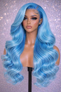 Vibrant Sky Blue Glamour Body Wave Wig – Long Pastel Blue Layered Waves, Premium Melted HD Lace Frontal Human Hair Unit 3×4
