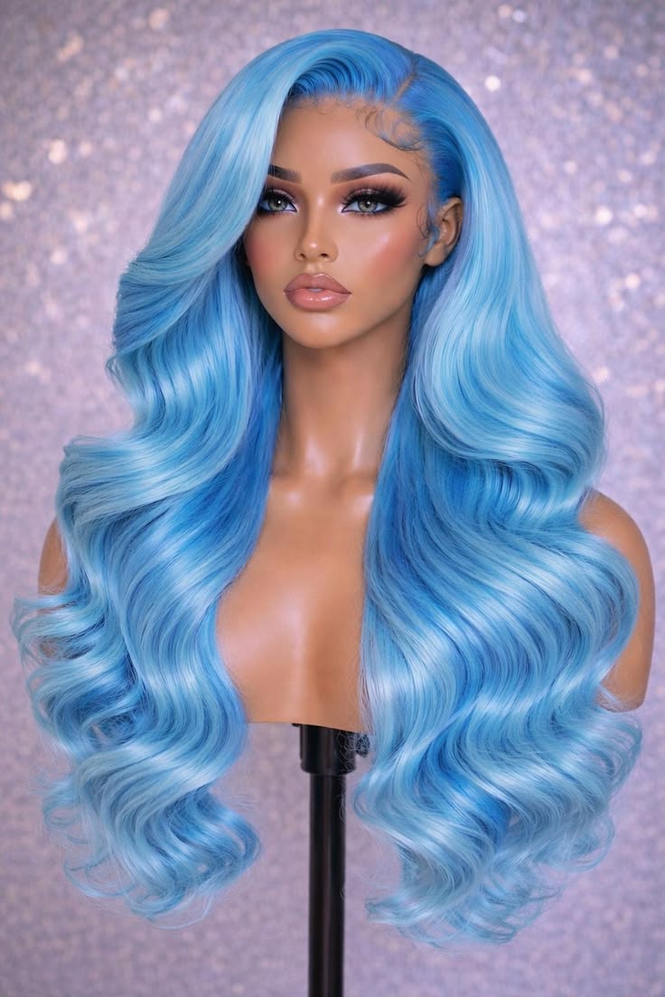 Vibrant Sky Blue Glamour Body Wave Wig – Long Pastel Blue Layered Waves, Premium Melted HD Lace Frontal Human Hair Unit 3×4