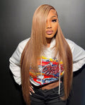 Sleek Honey Brown Highlighted Straight Wig – Luxury Face-Framing Silk Straight HD Lace Frontal Virgin Human Hair Unit