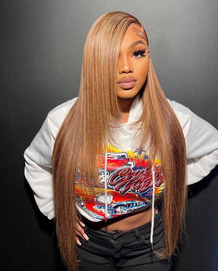 Sleek Honey Brown Highlighted Straight Wig – Luxury Face-Framing Silk Straight HD Lace Frontal Virgin Human Hair Unit