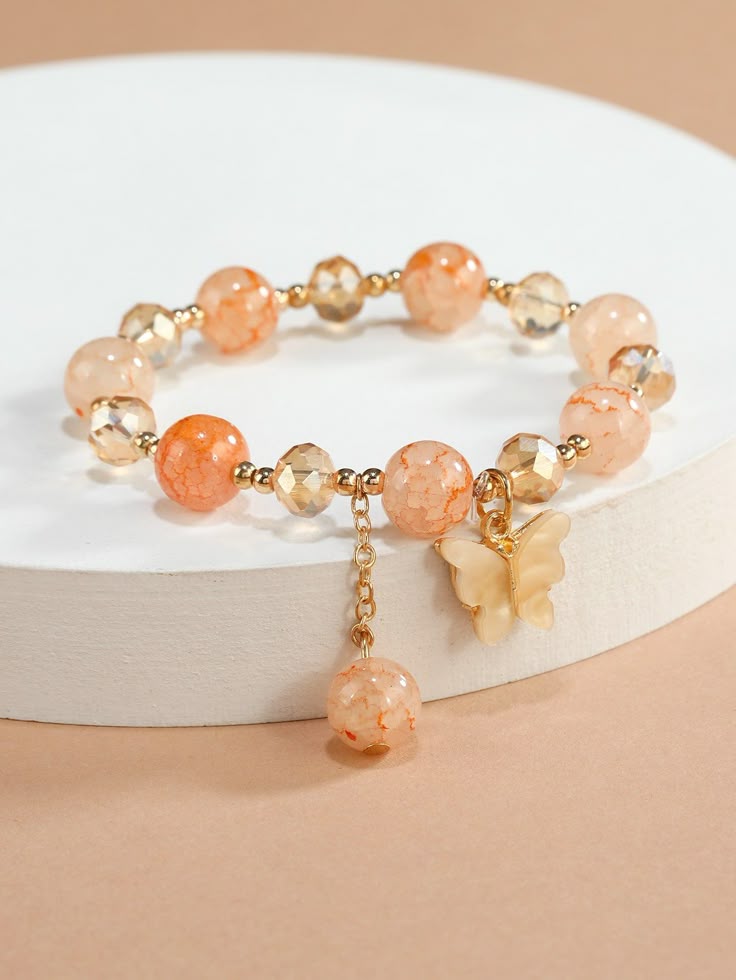 Sweet Apricot Agate Crystal Butterfly Dangle Bracelet