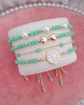 Mint Green Crystal & Golden Sun Heart Charm Bracelet Stack