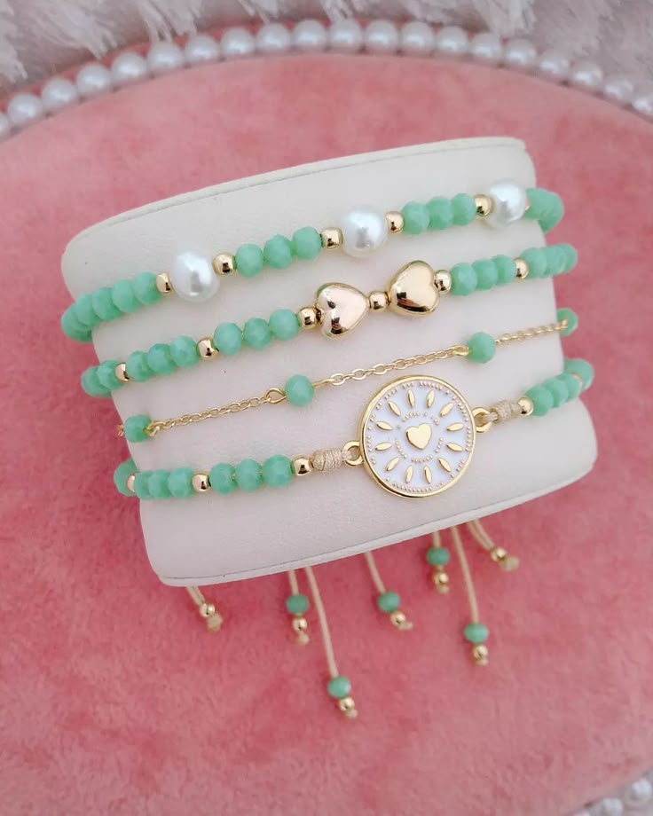 Mint Green Crystal & Golden Sun Heart Charm Bracelet Stack