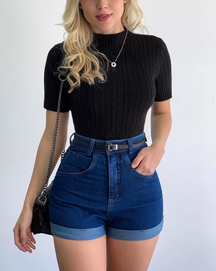 Classic Cable Knit Mock-Neck Top & High-Rise Rolled Denim Shorts Casual Combo
