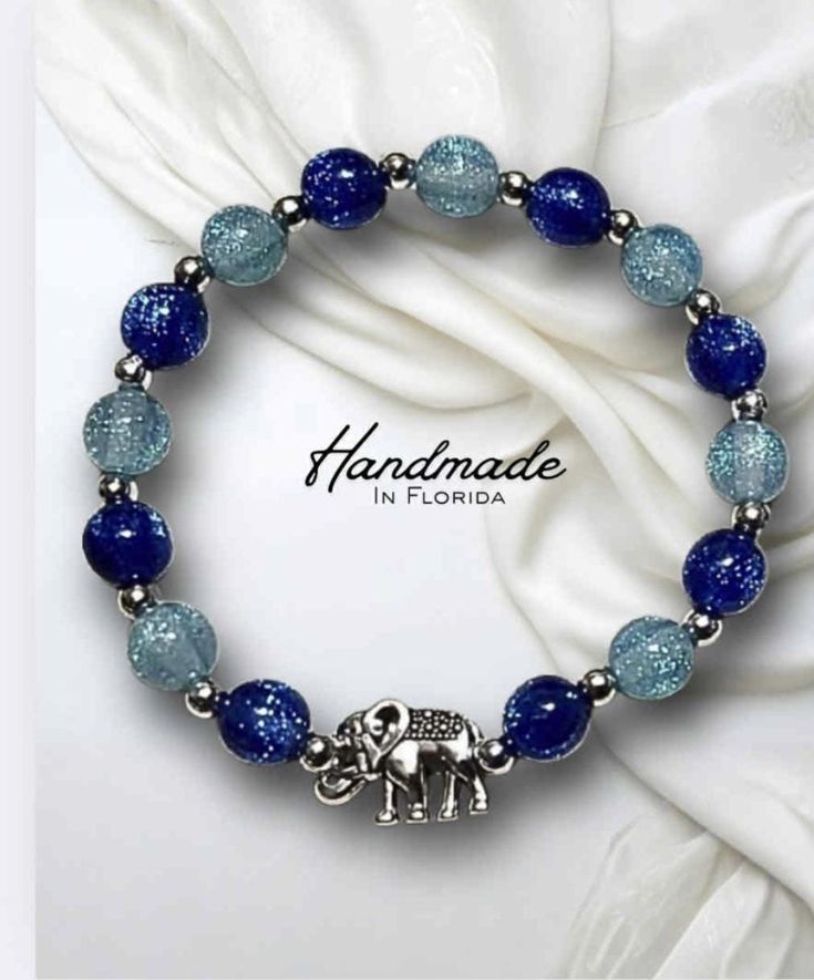 Deep Cosmic Blue Glitter Glass Lucky Elephant Charm Bracelet