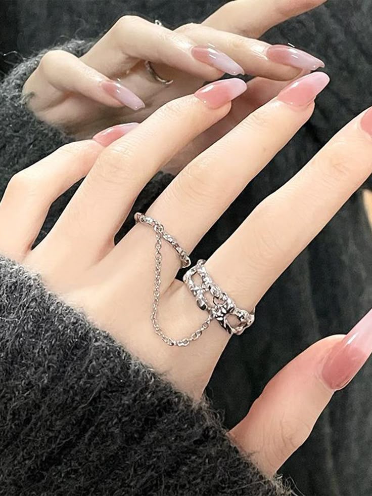 Punk Silver Tassel Chain Double Finger Open Ring