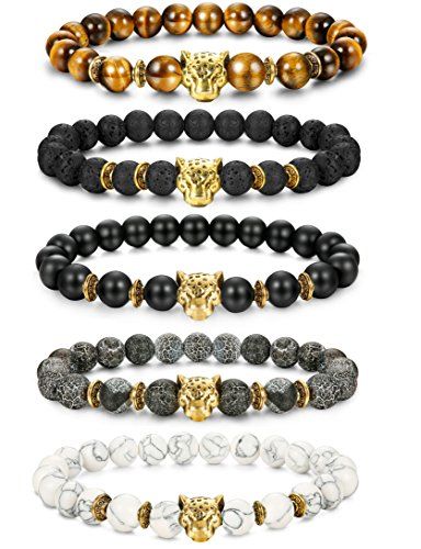 Luxury Golden Leopard Head Natural Lava & Tiger Eye Stone Bracelet Collection