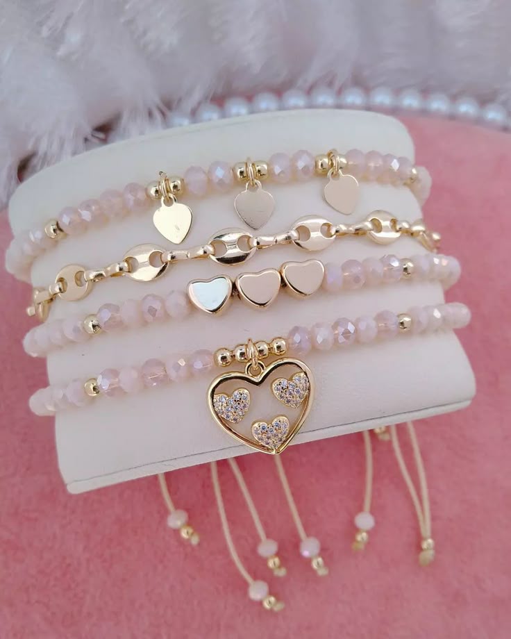 Elegant Blush Pink Crystal Heart Charm Layering Set