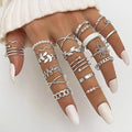 Bohemian Silver Color Flower & Leaf Finger Rings Set - 15 Pcs
