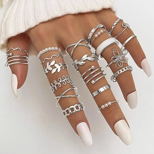 Bohemian Silver Color Flower & Leaf Finger Rings Set - 15 Pcs