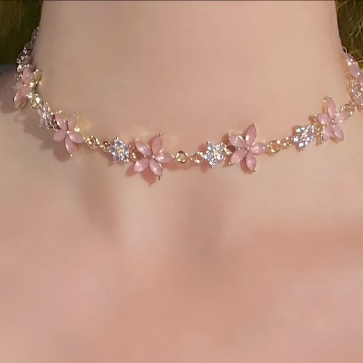 Romantic Pink Flower Crystal Choker Necklace