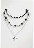 Gothic Layered Black Bead & Silver Star Pendant Necklace