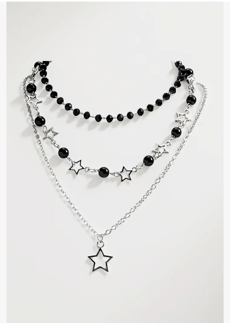 Gothic Layered Black Bead & Silver Star Pendant Necklace