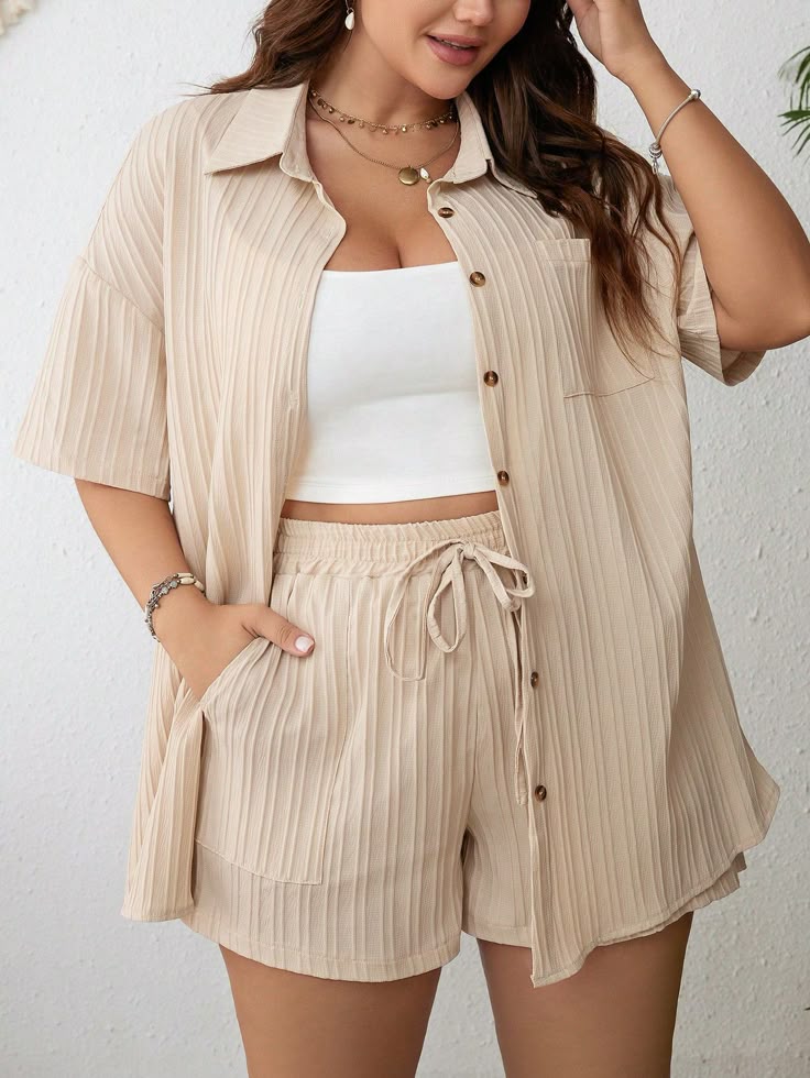 Plus-Size Premium Plisse Crinkle 2-Piece Set – Oversized Button-Down Shirt & Drawstring Shorts