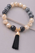 Obsidian Snowflake Stone & Crystal Tassel Charm Bracelet